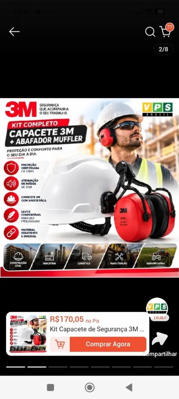 Capacete proteção individual m3 com protetor 