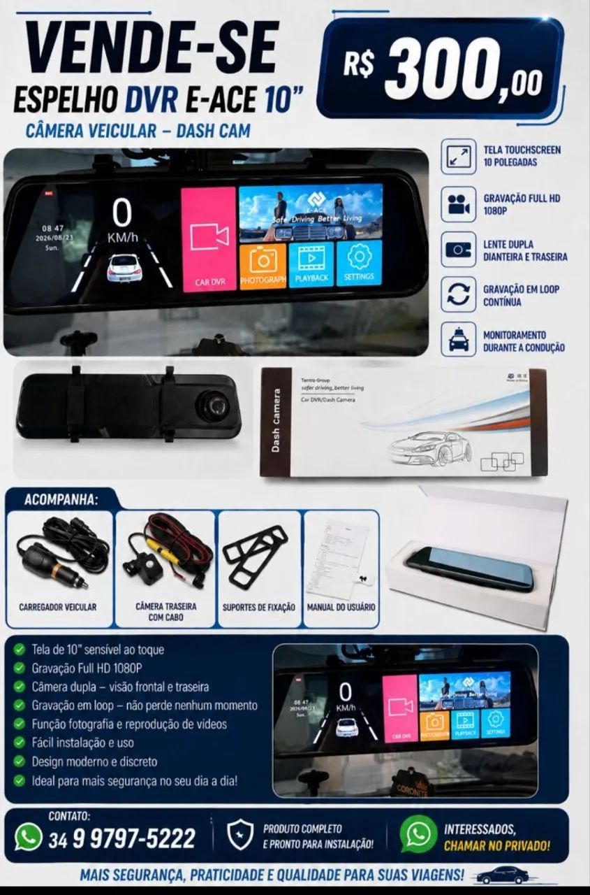 Dash Cam espelho retrovisor com camera.