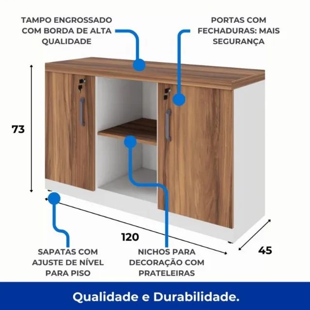 Armário Baixo Credenza 1,20x0,73x0,45m Nogal Sevilha/Branco Moderno Funcional 34312 - Foto 5