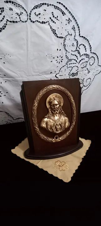 Antigo Sagrado Coração De Jesus De Bronze e Madeira