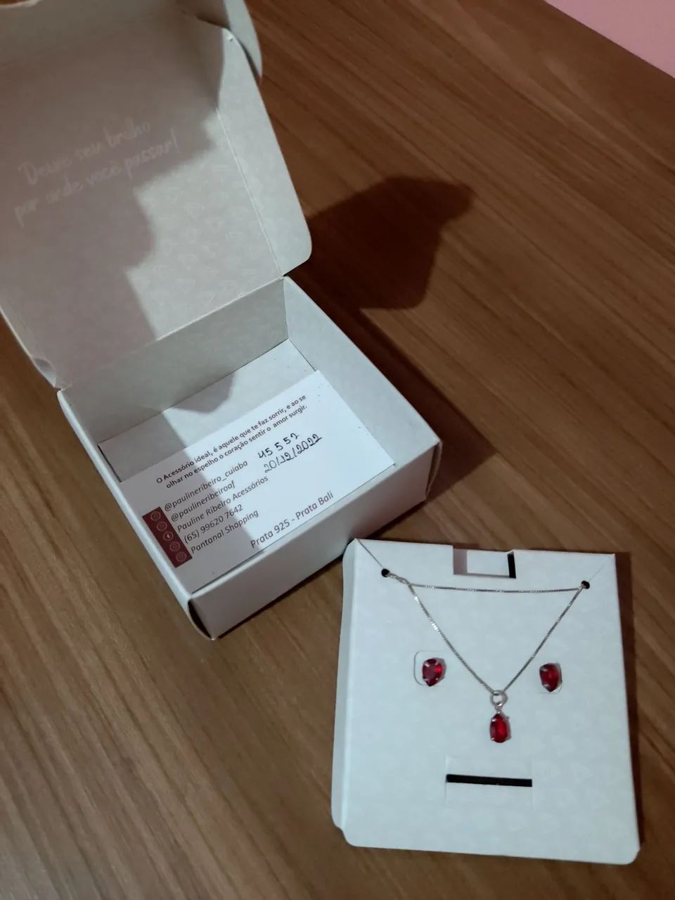 Conjunto de colar e brincos com pedra vermelha Prata 925 - Foto 2