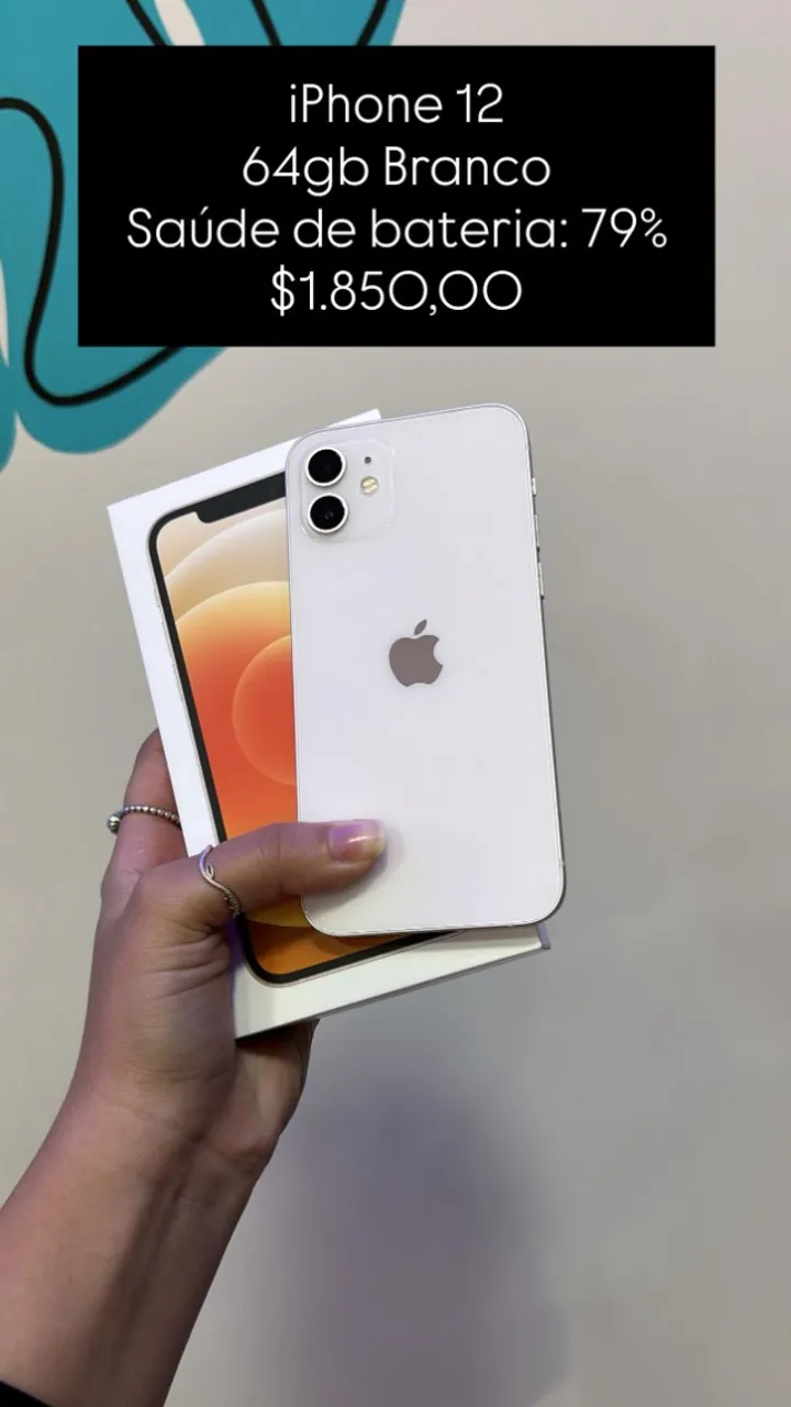 iPhone 12 / 64GB / Branco / Saúde de bateria 74% / R$ 1.700,00