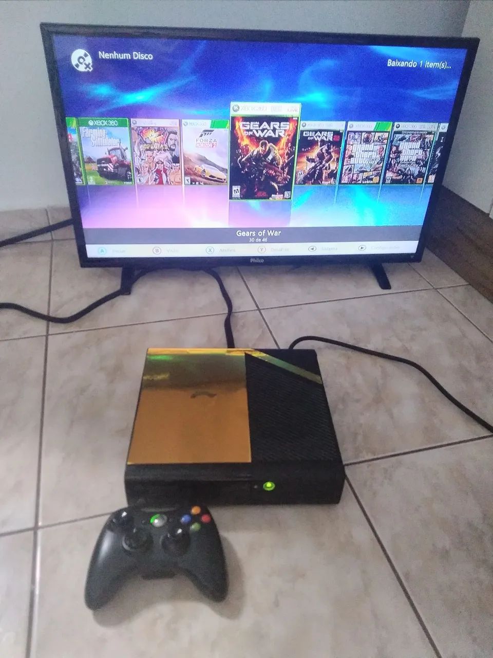 Xbox Dourado 360 RGH 3.0 Super Slim HD320GB Fonte 110v ou 220v 45 jogos instalados no HD 