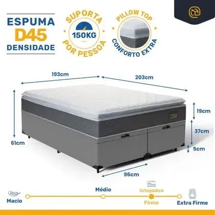 Colchão Riviera King + Cama Base Baú King Cinza/Branco