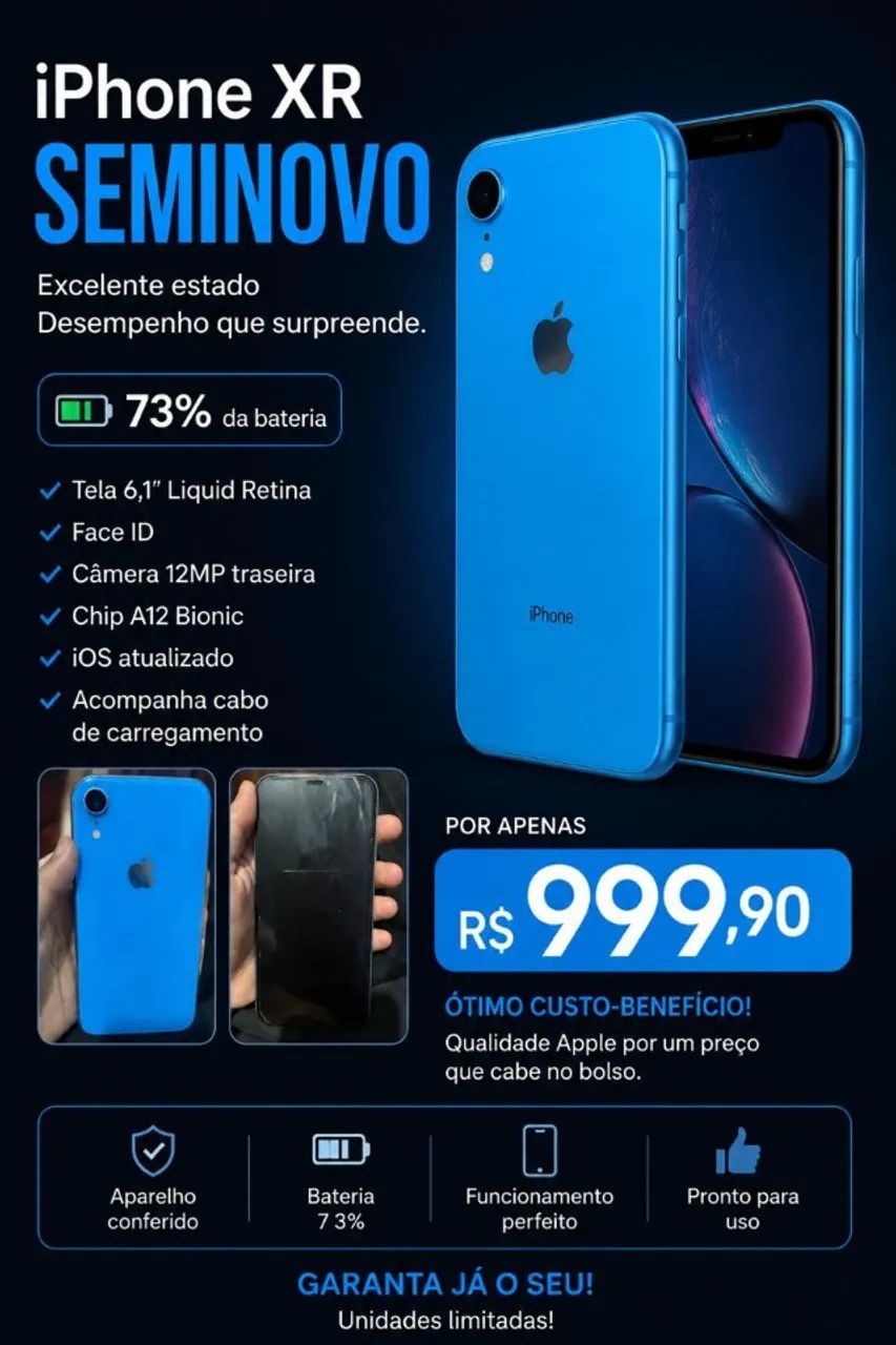 IPHONE XR AZUL SEMINOVO 73% DE BATERIA