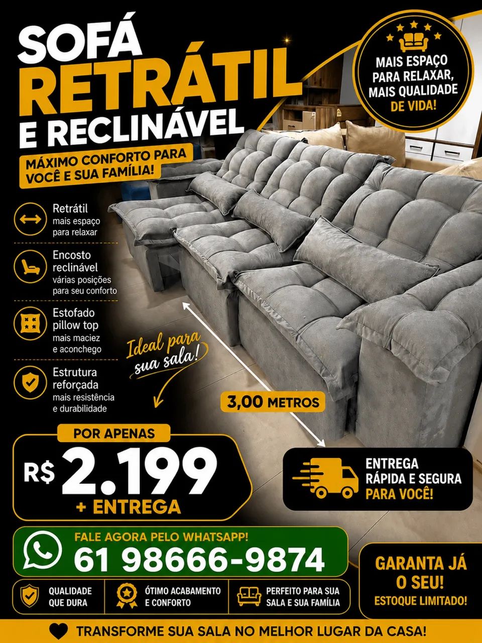 Sofá 3mt retrátil e reclinável 