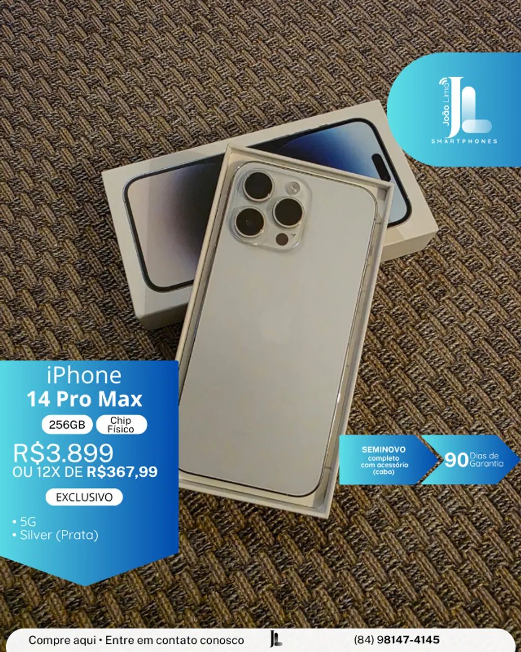 IPHONE 14 PRO MAX, 5G, 256GB, CHIP FÍSICO, SILVER, SEMINOVO