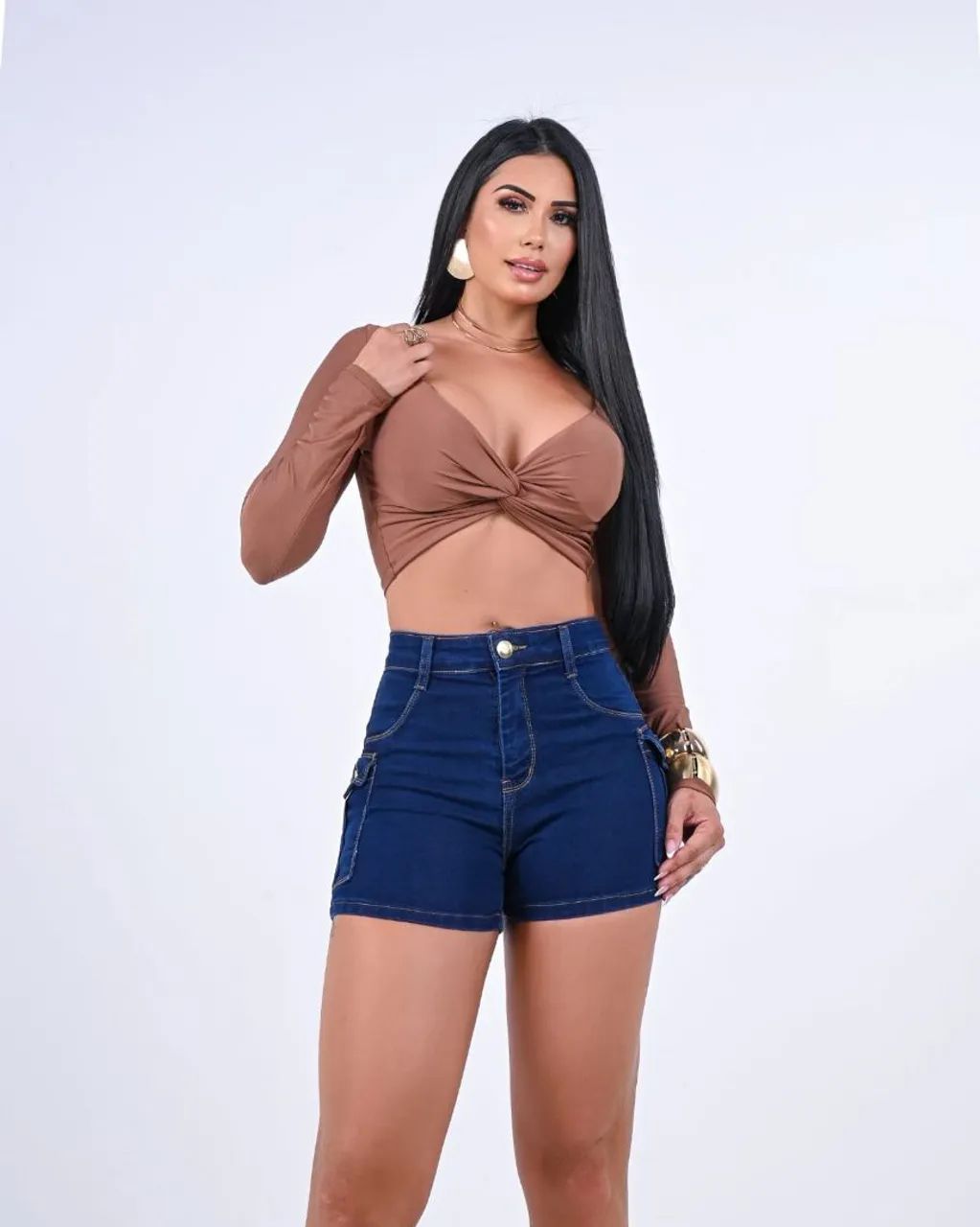 Bermuda cargo jeans feminina cintura alta top - Foto 3