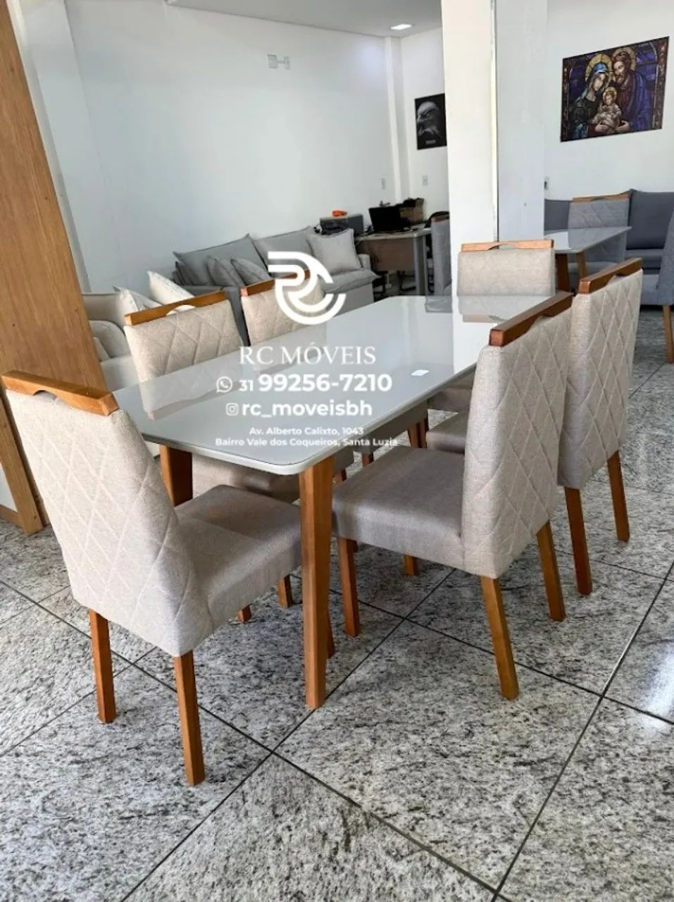 Mesa de jantar 1,70x0,90 Tampo Vidro Laqueado + 6 Cadeiras Madeira maciça - Foto 3