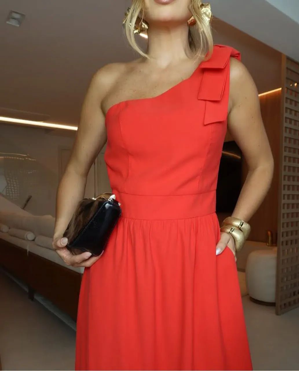 Vestido elegante vermelho ombro só  - Foto 2