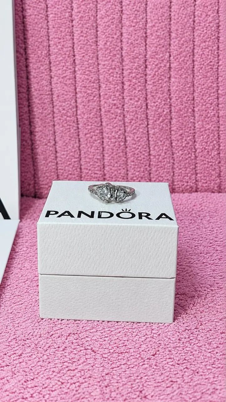 anel pandora prata duplo Corações aro 18
