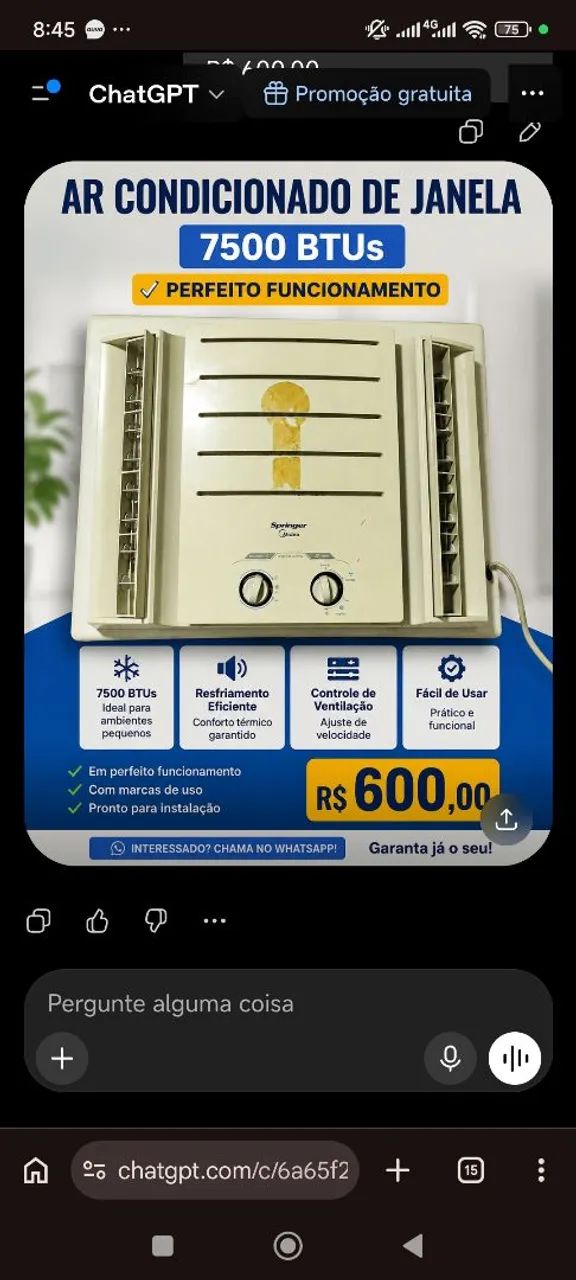 Ar condicionado de janela 7500 btus