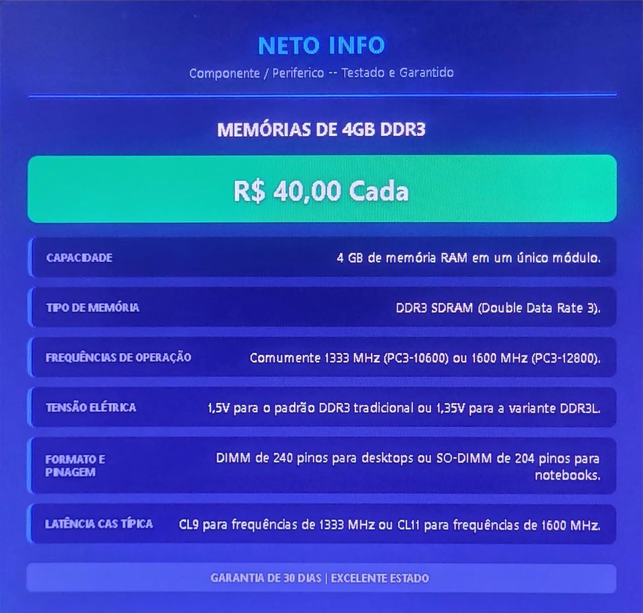 MEMÓRIAS DE 4GB CADA  - Excelente Estado