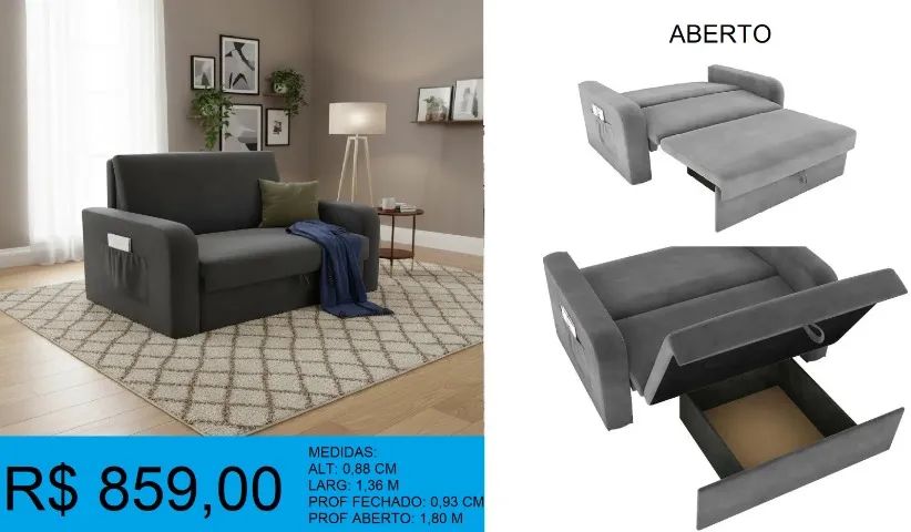 Sofá cama com baú - Entrega gratuita parcelamento em até 12x sem juros