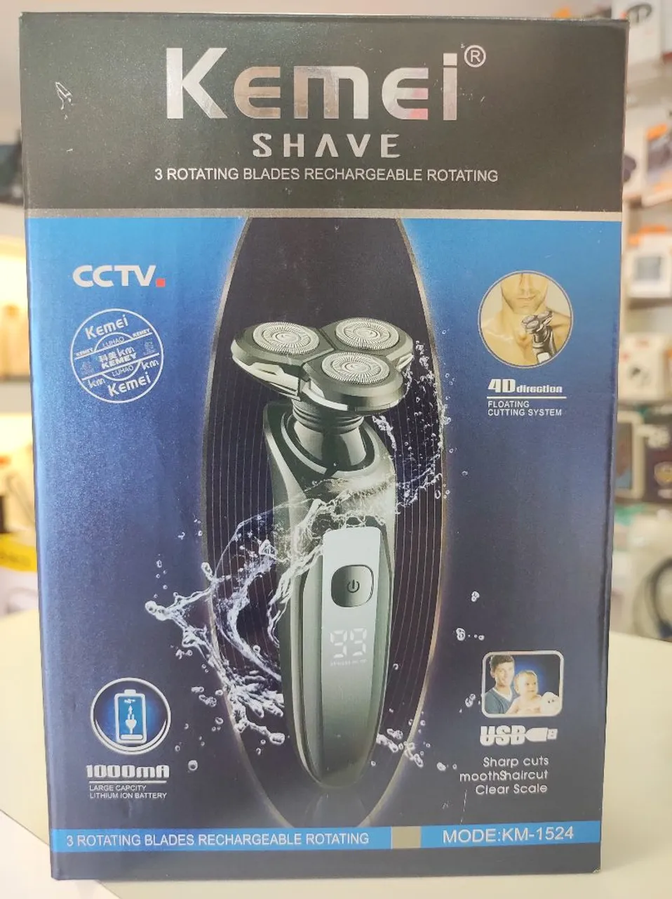 Máquina de Barbear Kemei KM-1524 - 3 Lâminas Rotativas - Recarregável