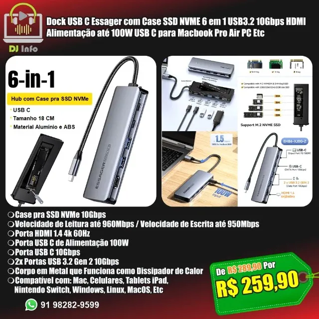 Dock USB C Essager com Case SSD NVME 6 em 1 USB3.2 10Gbps HDMI 100W USB C para Mac PC Etc