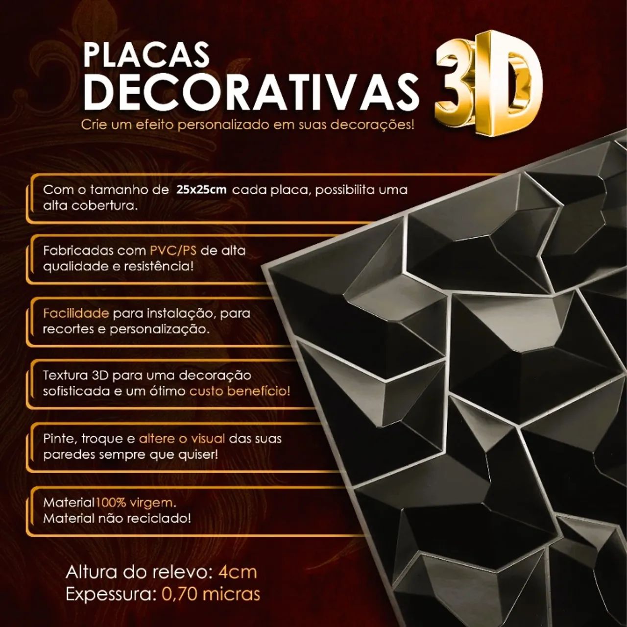 Placas 3D de PVC 25x25cm Parede Decor - Foto 2