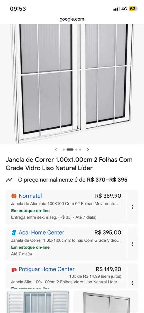 Janela de alumínio com grade 1x1m vidro canelado