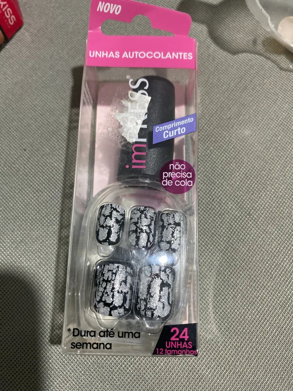 Unhas postiças Impress Preto com prata Curta quadrada