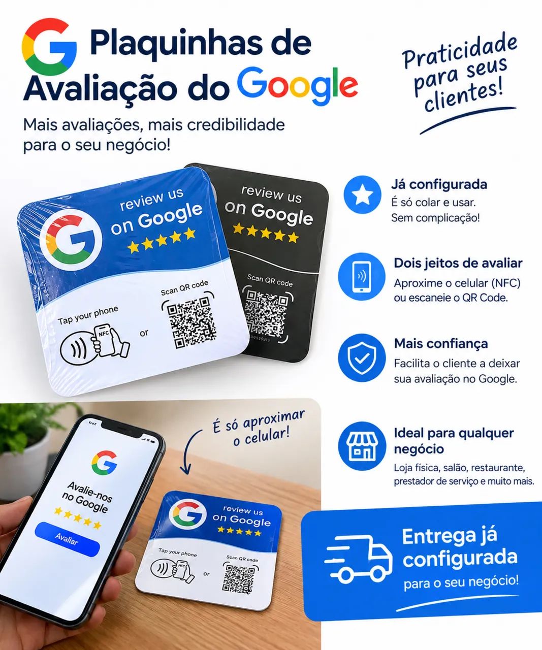 Plaquinha de Avaliação do Google - NFC + QR Code