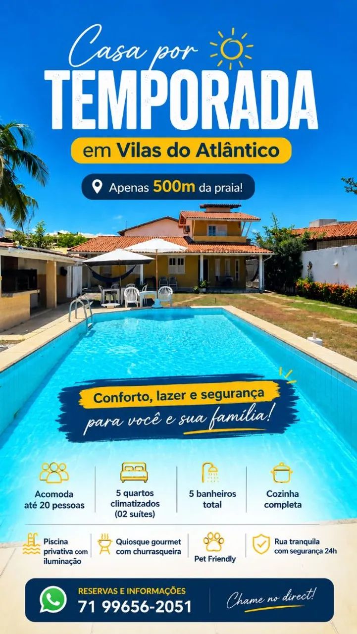 CASA DE TEMPORADA   Piscina Privativa | 5/4 Climatizados | Praia de Vilas do Atlântico 