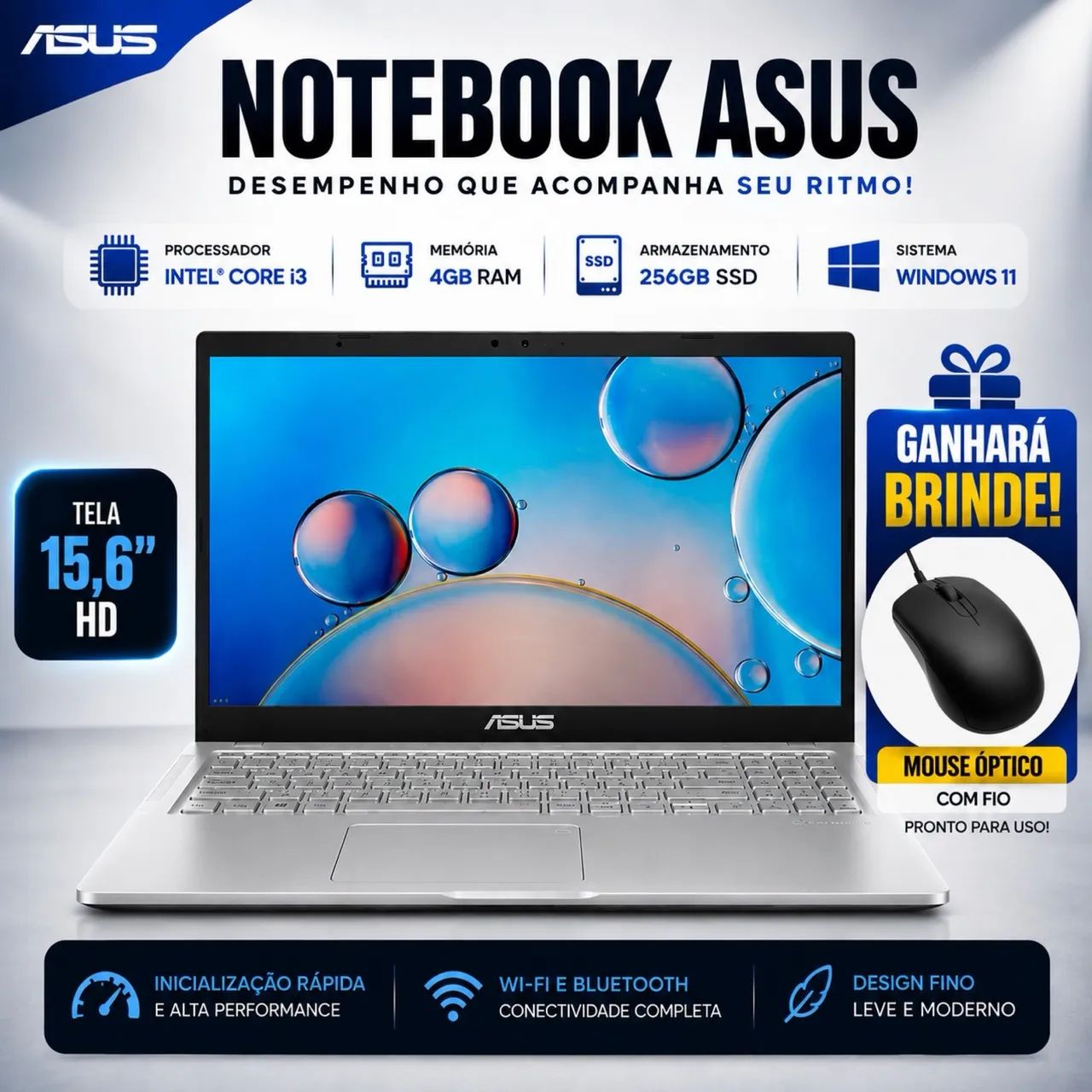 Notebook ASUS Intel Core i3 4GB RAM 256GB SSD 15,6? Windows 11