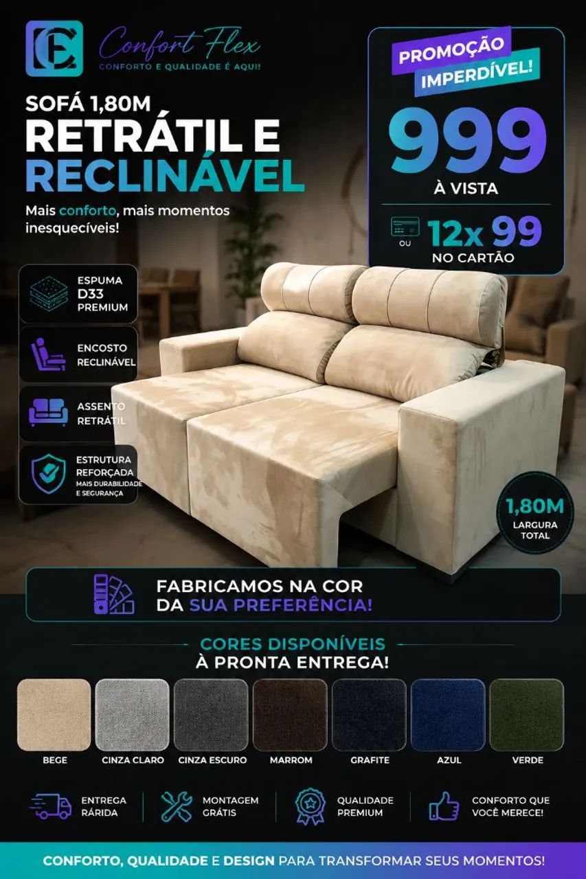 Sofá Confortável 1.80m RETRÁTIL E RECLINÁVEL 