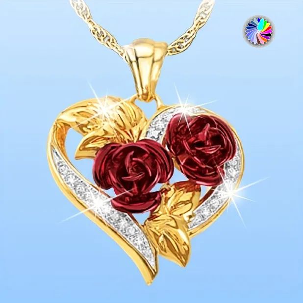 Pendente em Forma de Coração com Strass e Flor de Rosa - Foto 2
