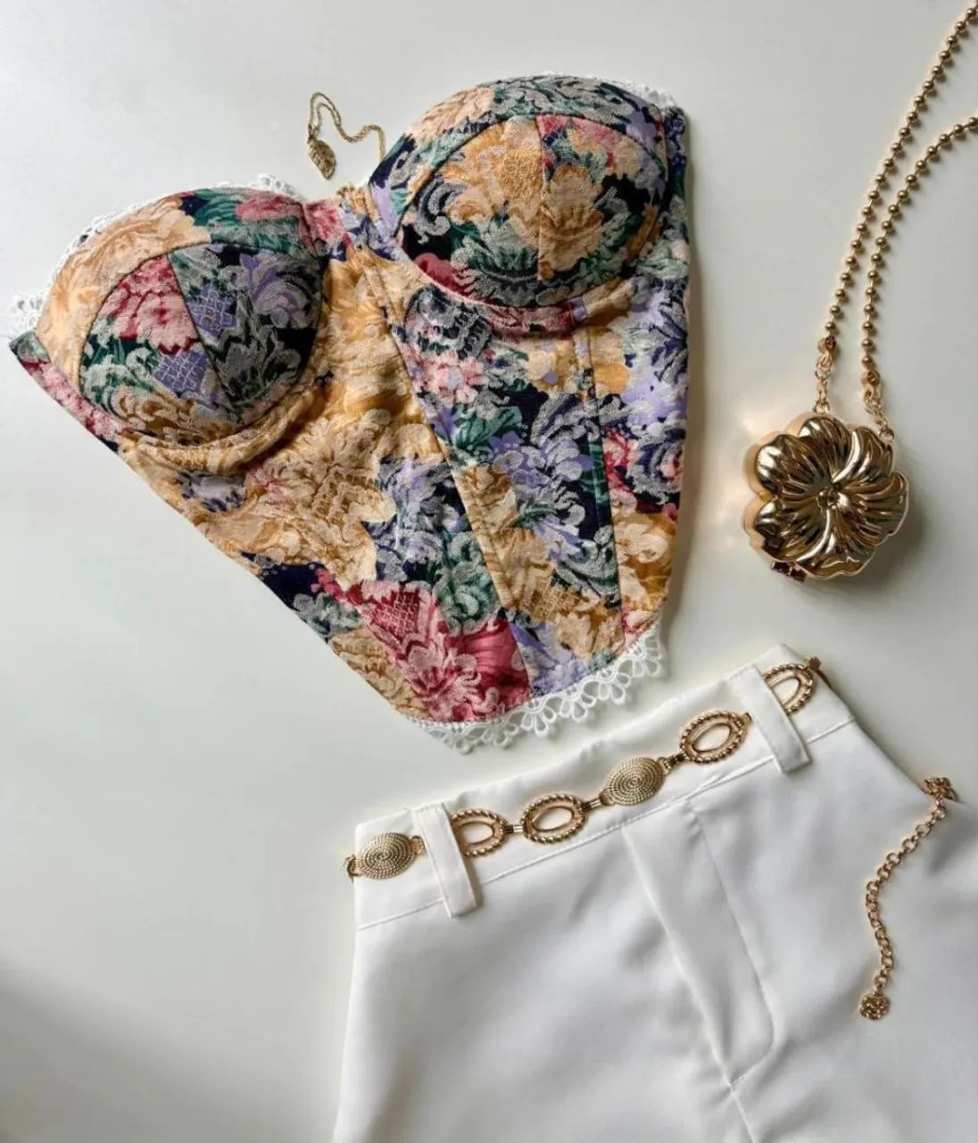 Cropped Corset Estampado com Renda 