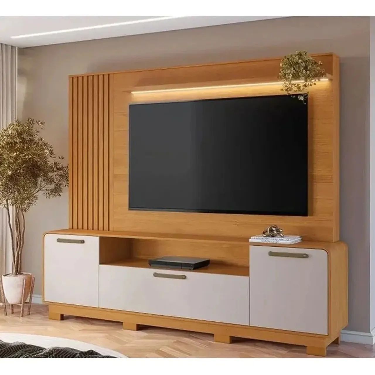 Estante Apego para Tv Até 65 Polegadas Ripado com Led 3 Portas - pague no ato da entrega 