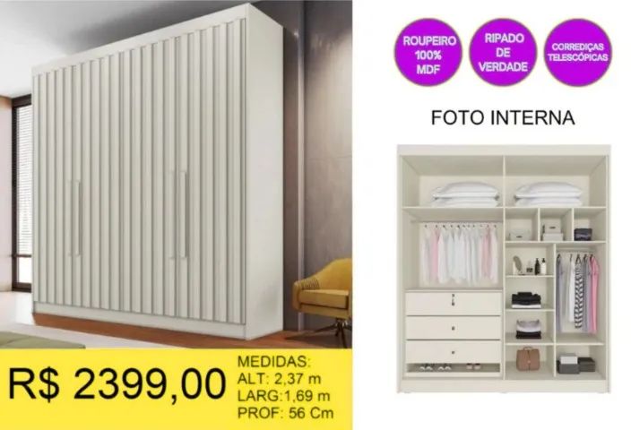 ROUPEIRO RIPADO 100% MDF A PRONTA-ENTREGA