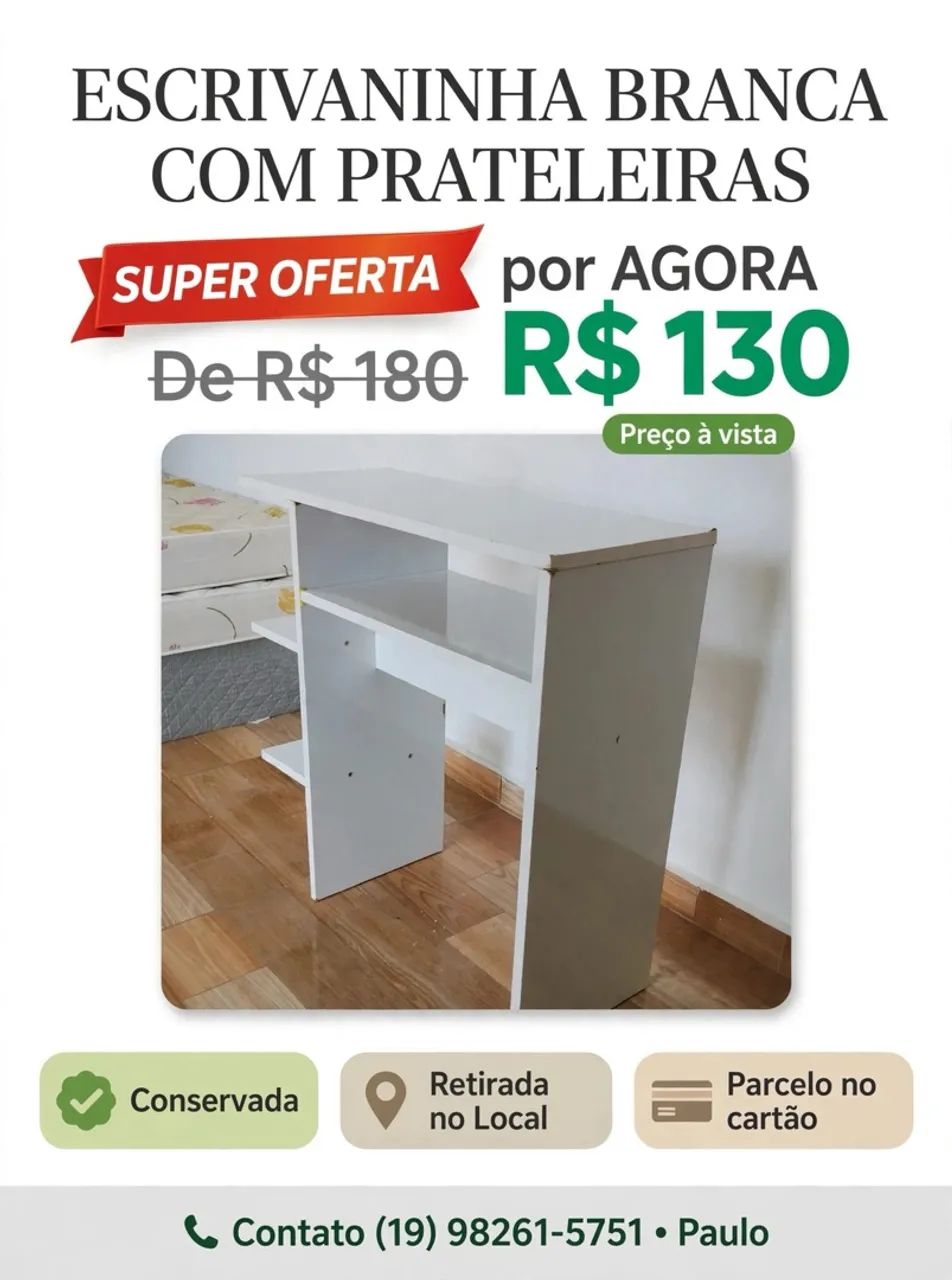 ESCRIVANINHA / APARADOR BRANCO COM PRATELEIRAS