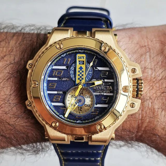 Relógio Invicta Racing Downforce Dourado couro azul