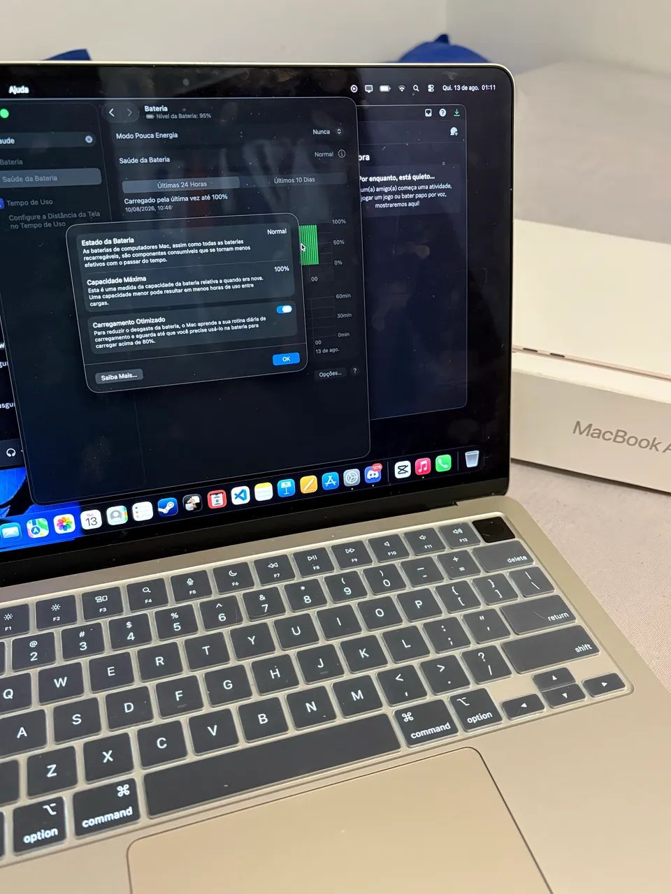 Macbook air m3 16/256gb 13 polegadas/ 100% de saúde de bateria e