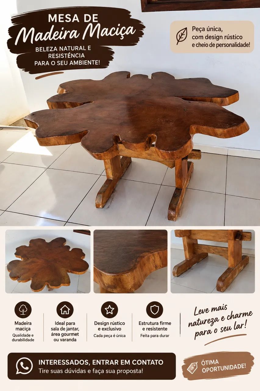 Mesa de madeira maciça rústica - peça única