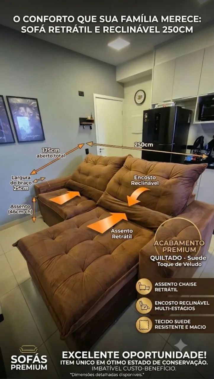Sofa retrátil e reclinável 3 lugares marrom - Foto 4