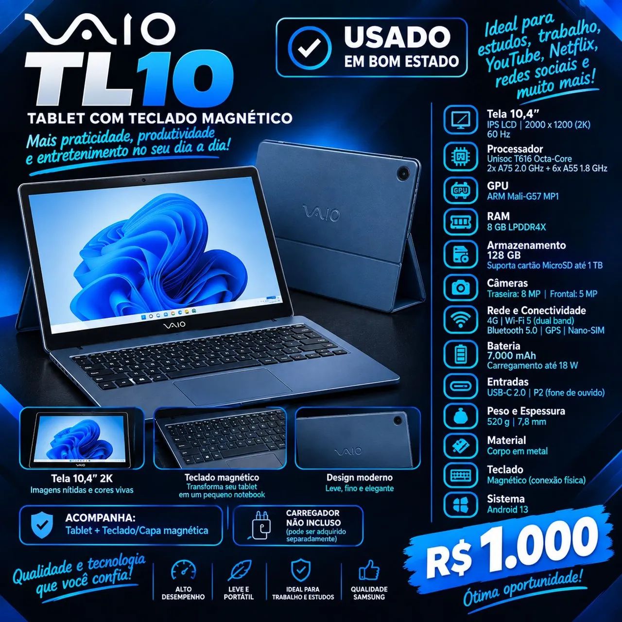 Vendo Tablet VAIO TL10, muito bem conservado e funcionando perfeitamente.