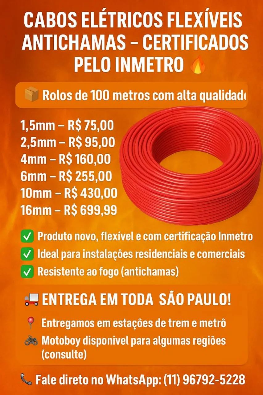 Cabos elétricos flexível antichamas certificado pelo Inmetro 