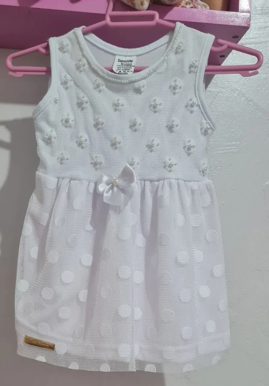 Vestido branco de renda com pérolas para menina, 3-6 meses