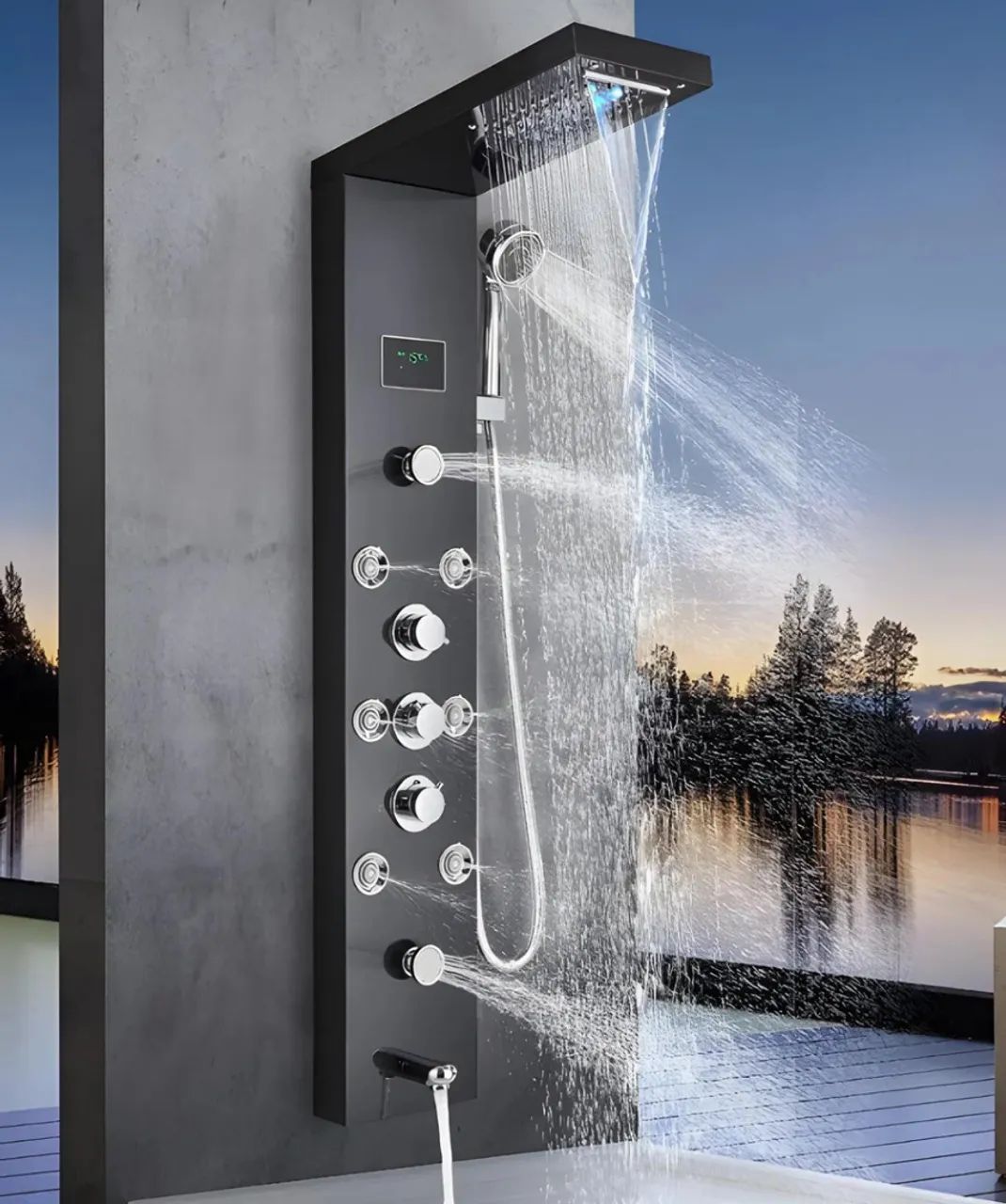 Ducha vertical com hidro cascata led inox preta aquarelax