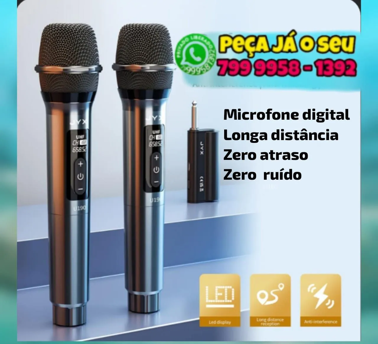 Microfone Sem Fio Duplo - Longa Distância - Zero Atraso