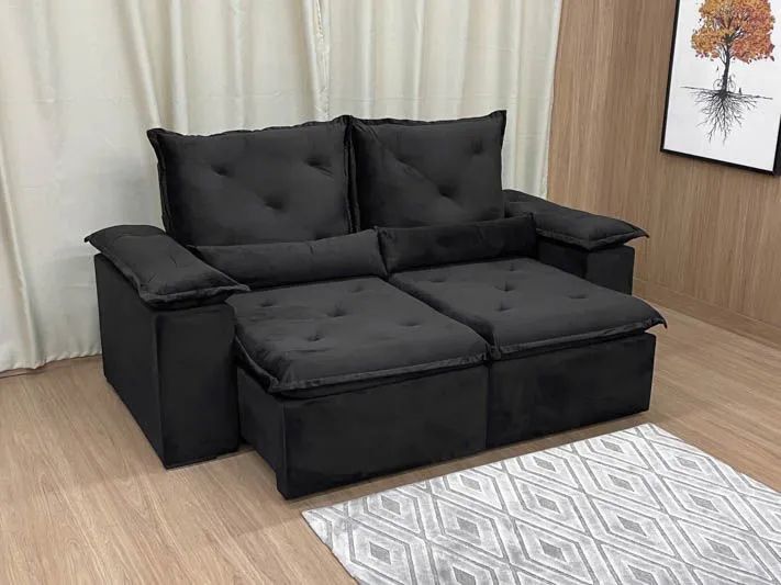 Sofá Retrátil 2 Lugares 200cm Veludo Preto Acari