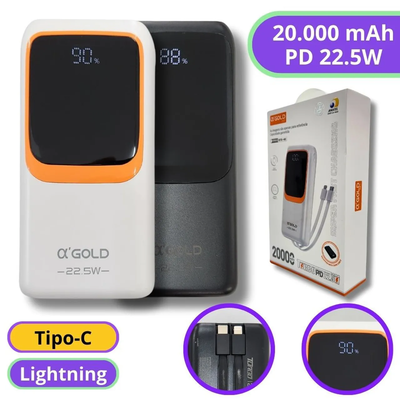 CARREGADOR PORTÁTIL POWER BANK TURBO PD 22.5W DISPLAY 20.000MAH - AGOLD - BTE-40