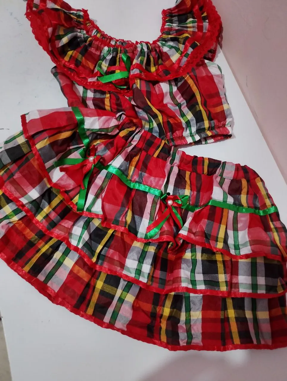 Conjunto infantil xadrez vermelho e verde