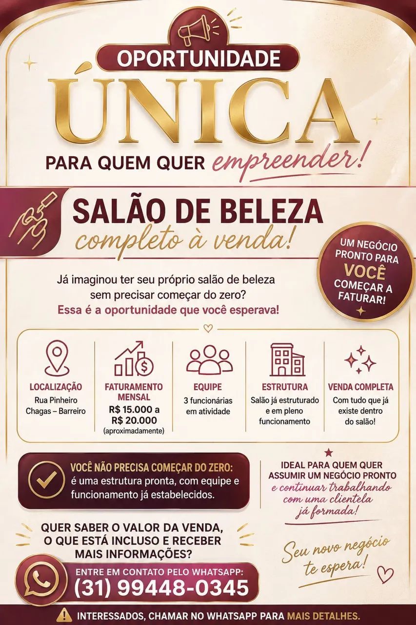 VENDO SALÃO MONTADO COM RENDA DE 15 a 20 mil