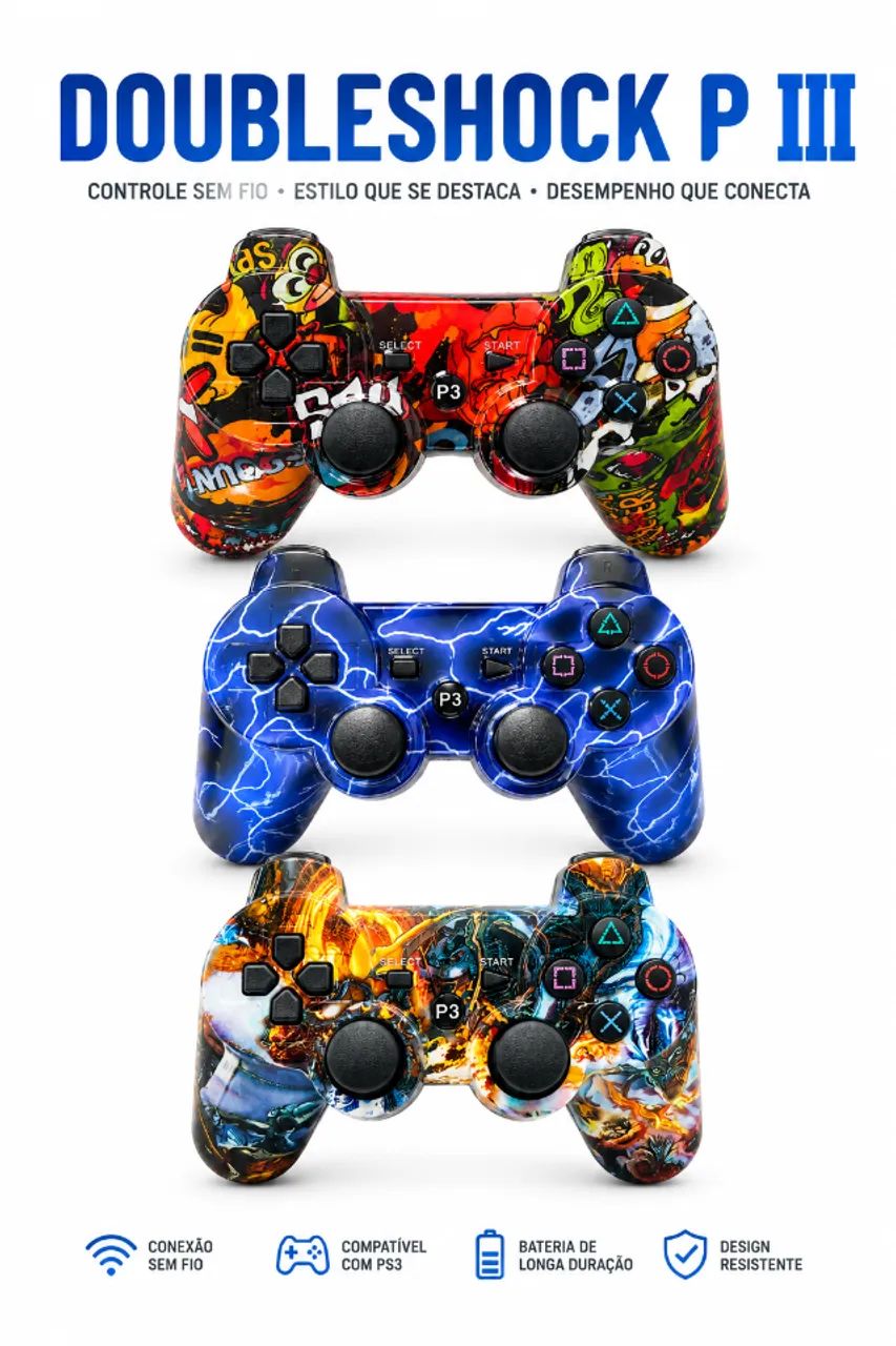 Controle Sem Fio (Wireless) Doubleshock P III Estampado - Para PS3 - com sensor de movimen