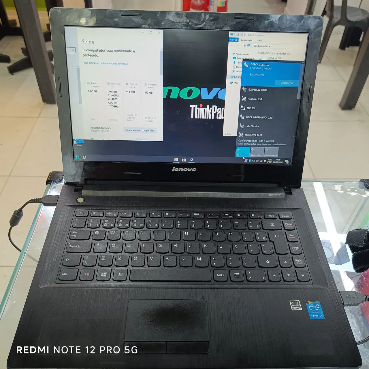 Notebook Lenovo i3 8 GB SSD 120 windows 10 (sem bateria )