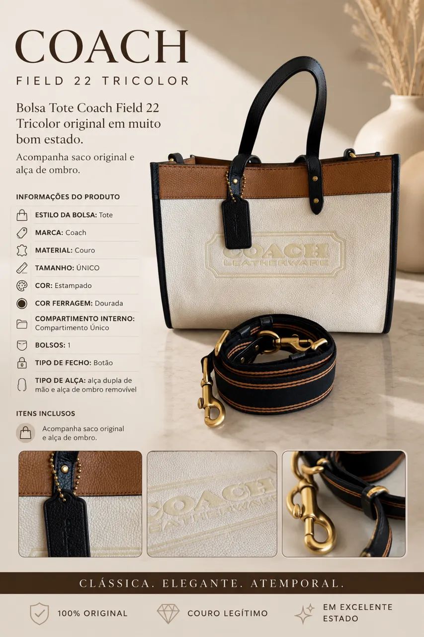 Bolsa tote Coach 100% couro 