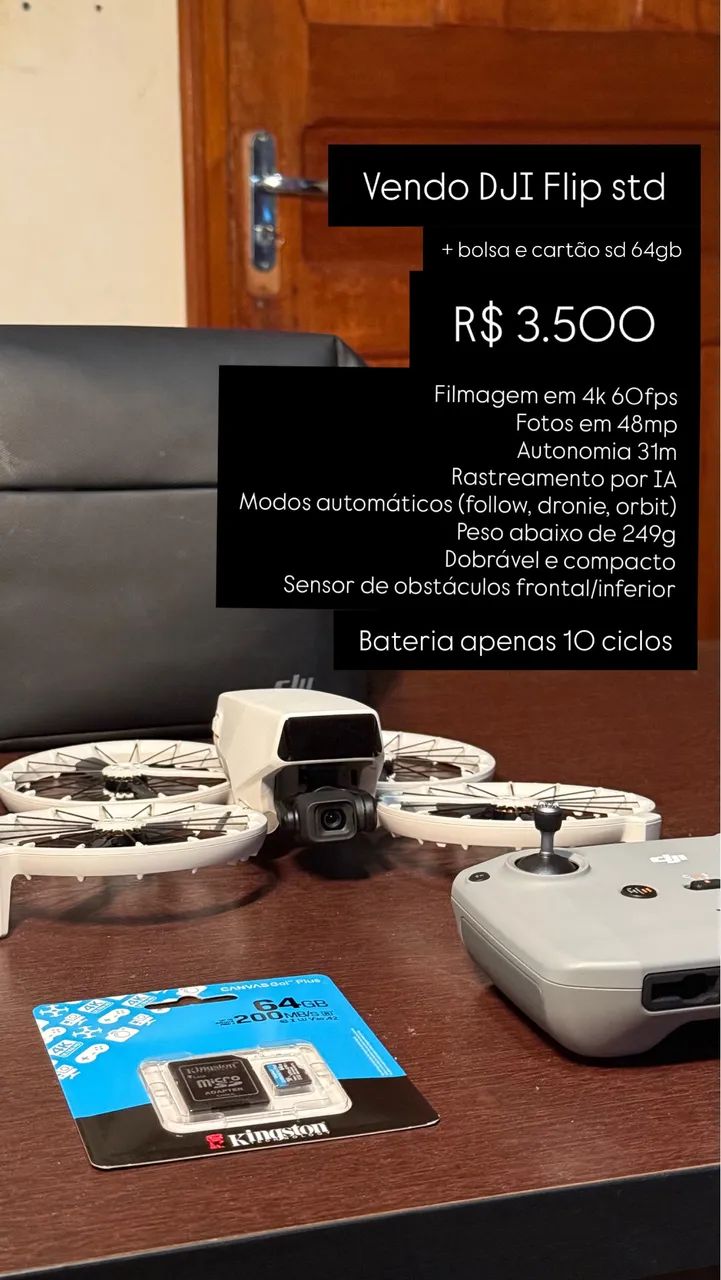 Drone DJI Flip 4K + Bolsa + Cartão SD (bateria 10 ciclos)