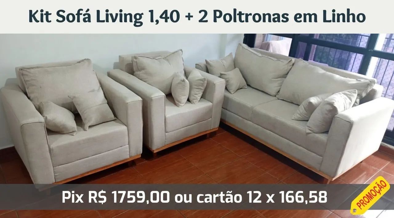 Sofá Living 1,40+ 2 poltrona em linho e madeira fabrico e te entrego dia seguinte 